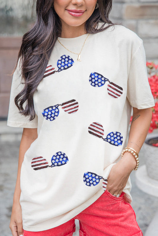 American Flag Sunglasses Sparkle Striped Tee