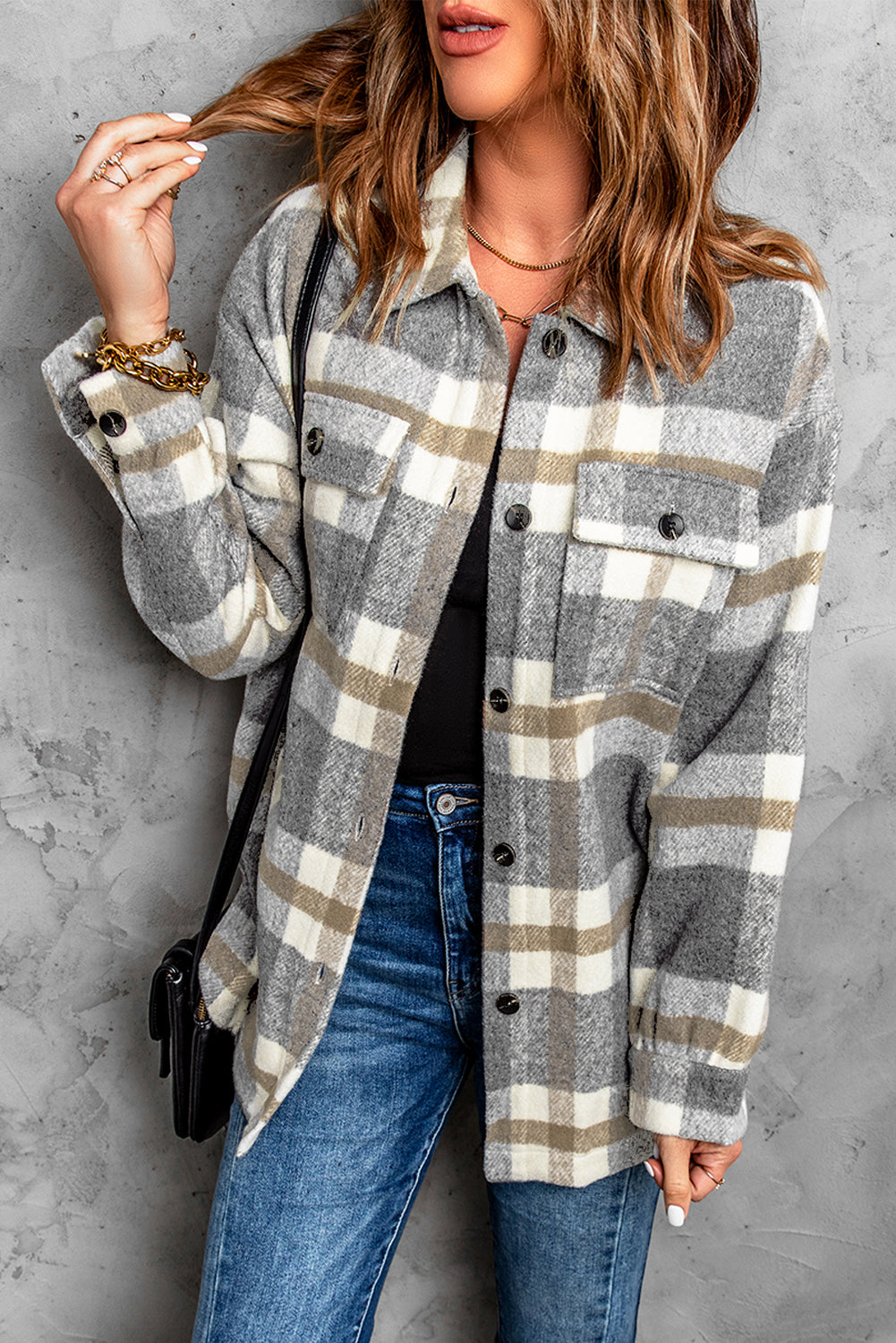 Brown Plaid Print Pocket Women Shacket