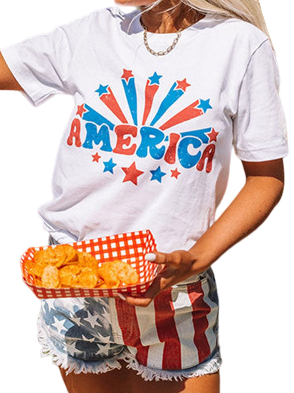 America Flag Print White Round Neck Tee