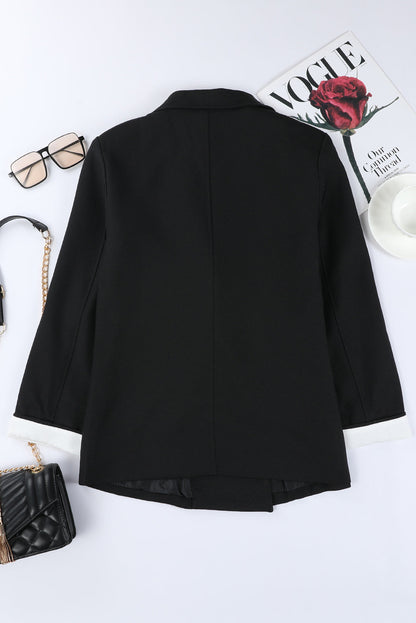 Black Buttoned Lapel Collar Blazer with Pocket