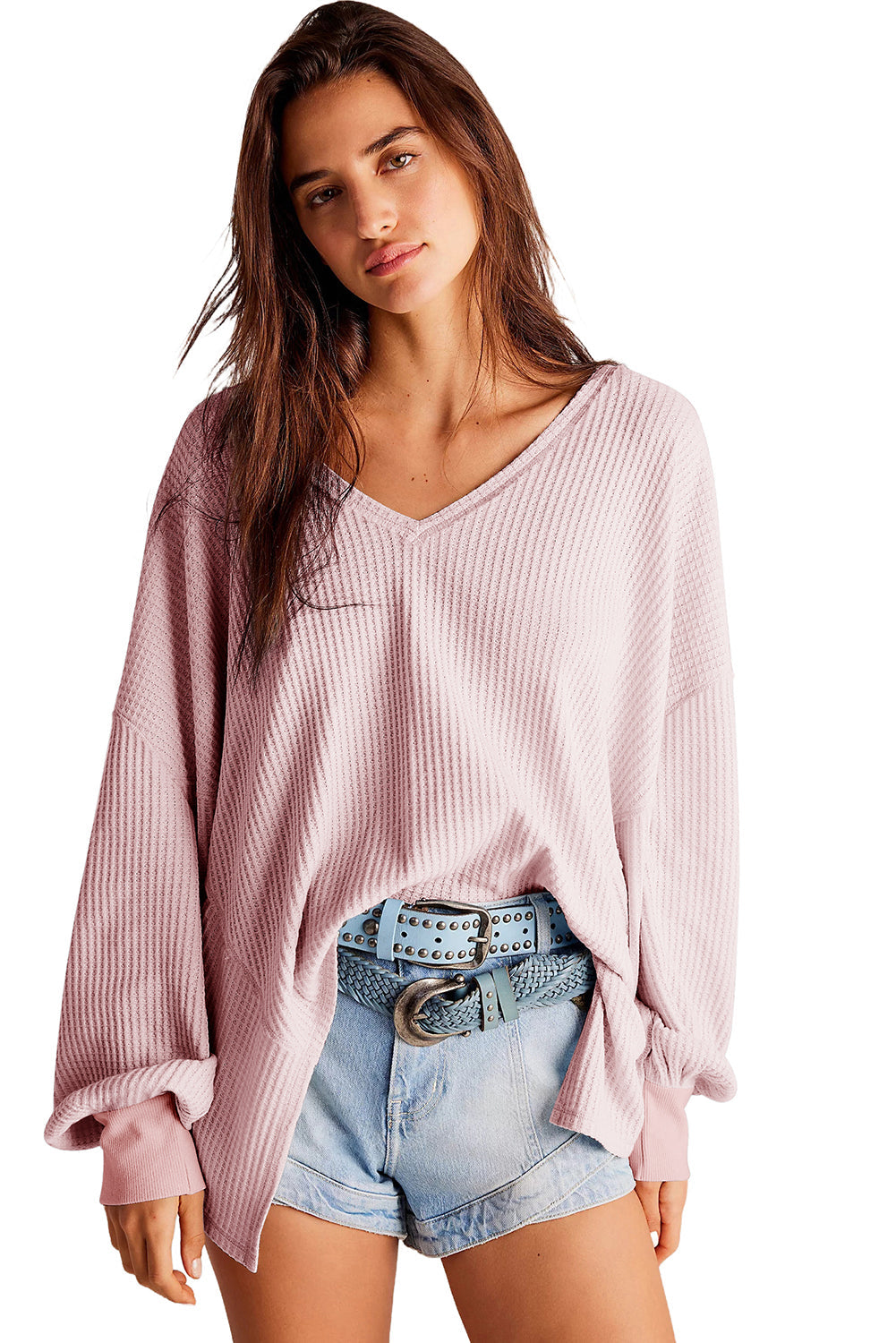 Light Pink Waffle V Neck Long Sleeve Drop Shoulder Loose Blouse