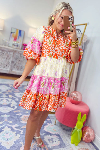 Multicolour Boho Mixed Print Half Bubble Sleeve Tiered Dress