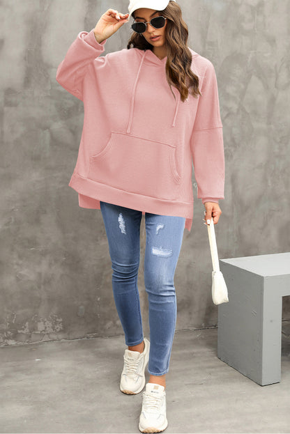 Light Pink Waffle Knit Fleece Lined High Low Oversized Hoodie