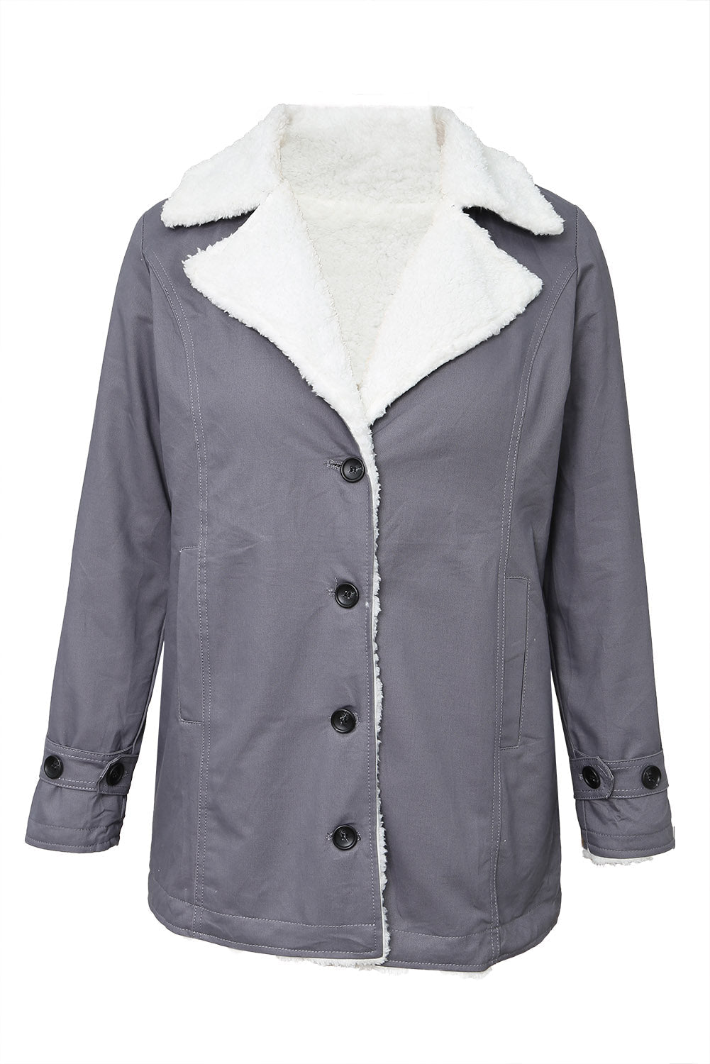 Gray Lapel Collar Button Fleece Jacket