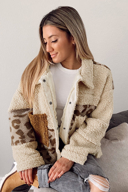 Beige Leopard Patchwork Snap Buttons Sherpa Jacket