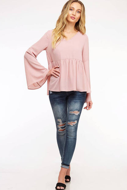 Pink V-Neck Bell Sleeve Back-Tie Ruffled Blouse