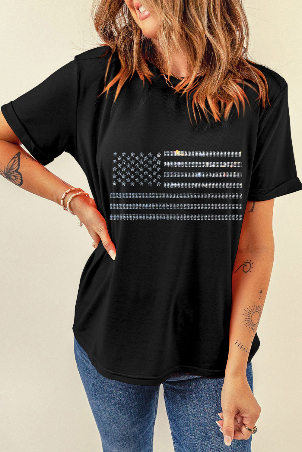 Black Glittering Rhinestone American Flag Pattern T Shirt