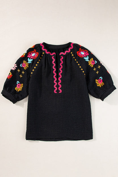 Black Floral Embroidered Ricrac Puff Sleeve Textured Blouse