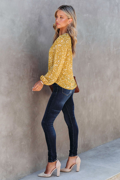 Yellow Floral V-Neck Crinkled Blouse for Early Fall