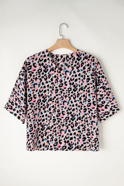 Pink Multicolor Leopard Print V Neck Oversized Blouse