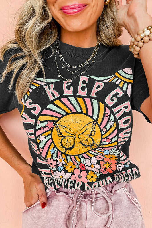 Black Always Keep Growing Butterfly Flower Crewneck T-Shirts