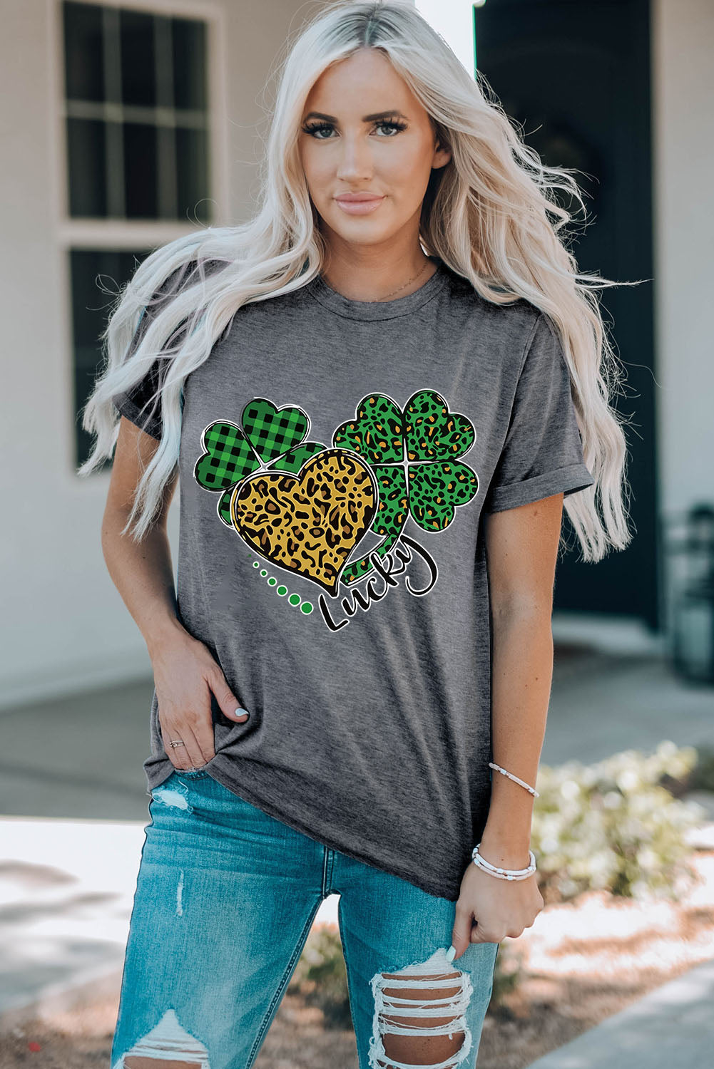 Gray Leopard Plaid Heart Clover Graphic T Shirt