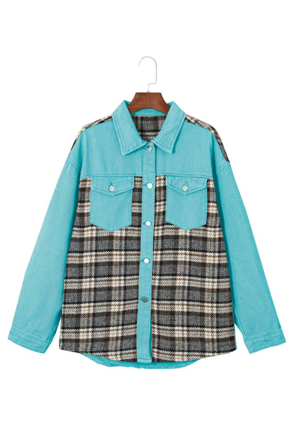 Sky Blue Plaid Patchwork Pockets Denim Jacket