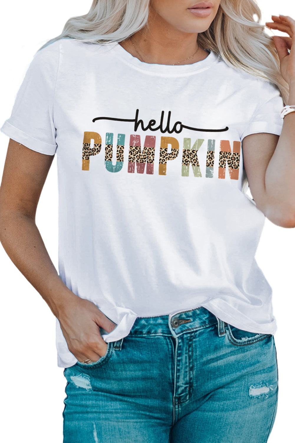 White Hello Pumpkin Graphic Casual Tee