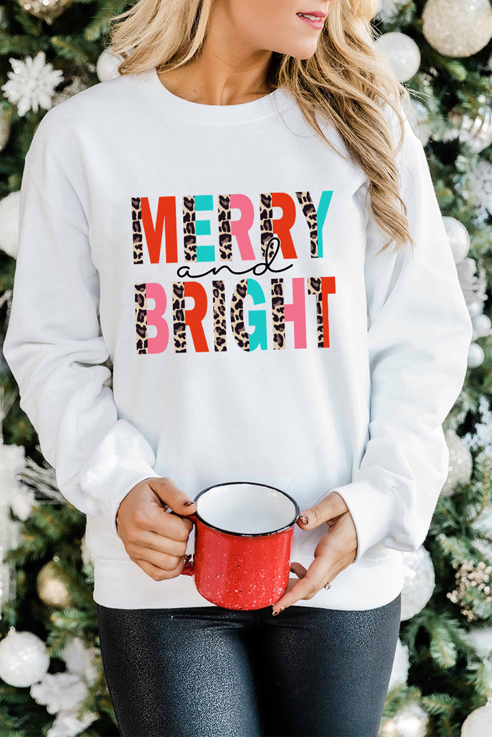 White MERRY and BRIGHT Leopard Print Pullover Sweatshirt