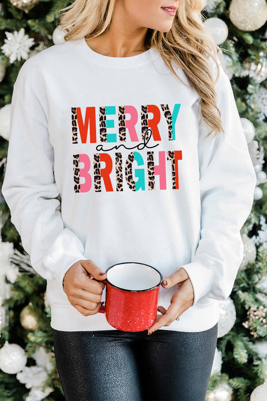 White MERRY and BRIGHT Leopard Print Pullover Sweatshirt