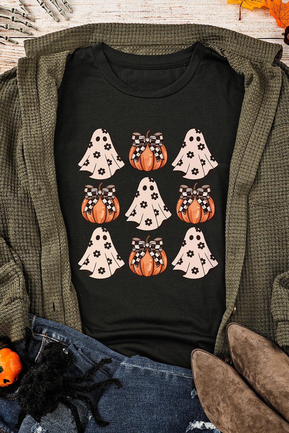 Black Halloween Ghost Pumpkin Print Crew Neck T Shirt