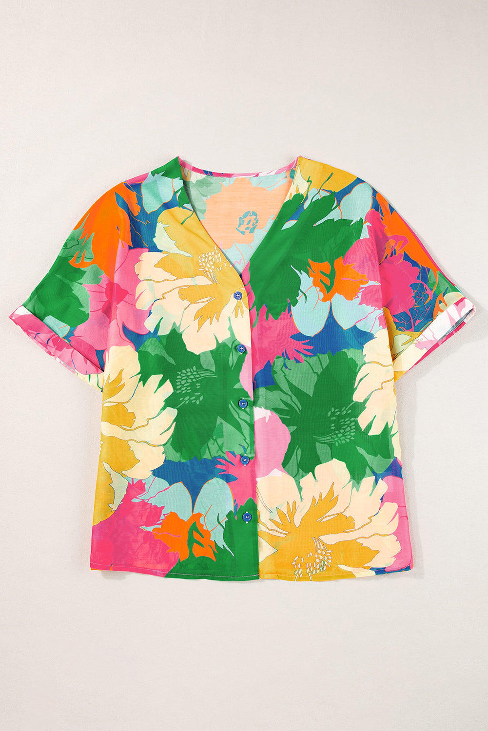 Multicolour Floral Print Folded Short Sleeve Shirt