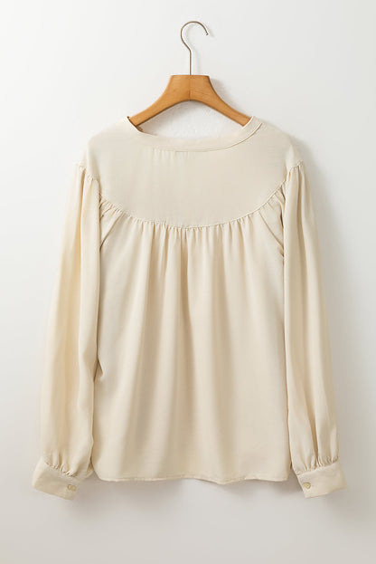 White Solid Color Lantern Sleeve Notched V Neck Blouse