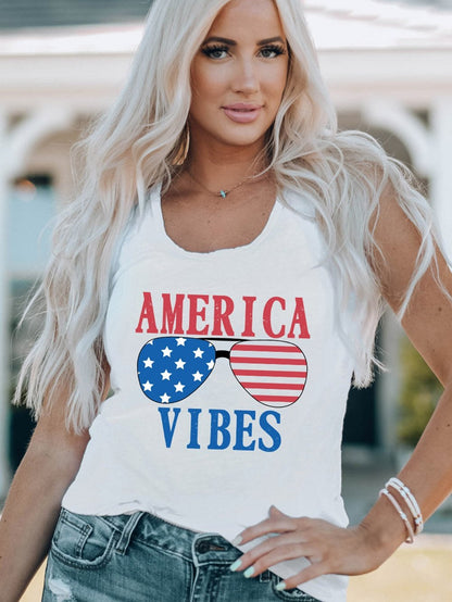 American Flag Print Graphic Sunglasses White Tank Top