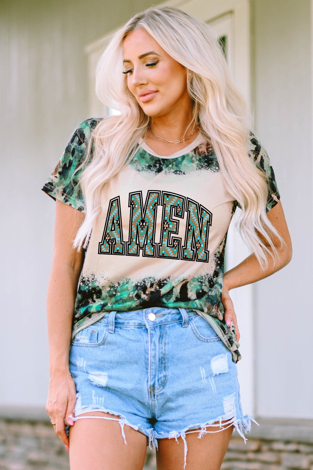 Leopard AMEN Aztec Bleached Print Round Neck T Shirt