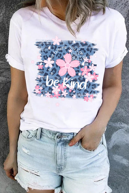 White Be Kind Cherry Blossoms Leopard Graphic T Shirt