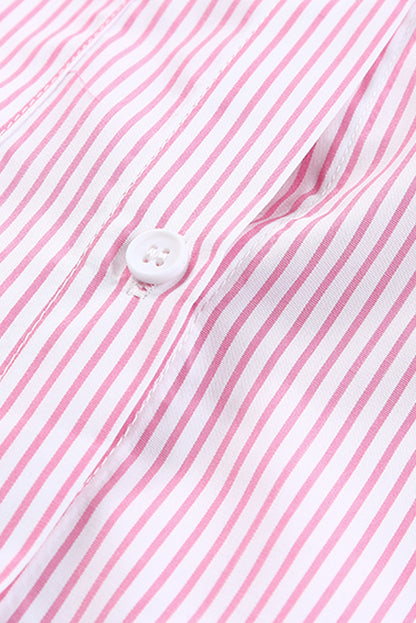 Pink Smocked Cuffed Striped Boyfriend Shirt with Pocket