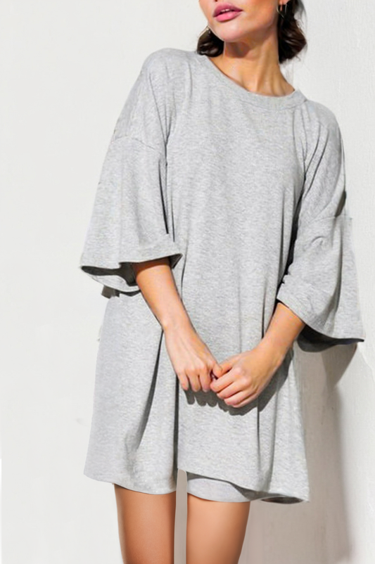 Light Grey Solid Color Loose Tunic Top and Slim Shorts Set