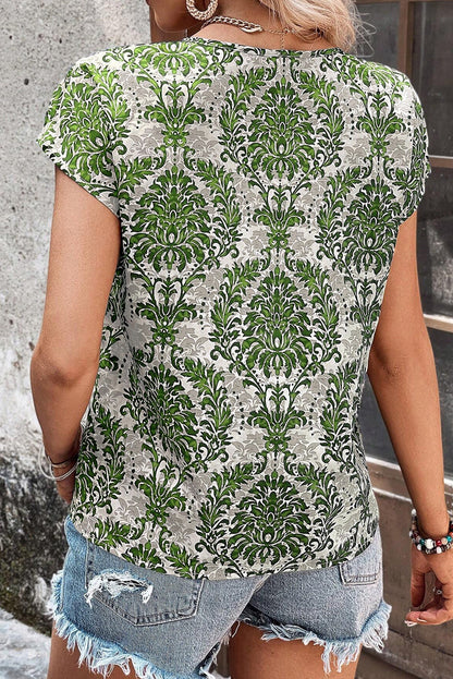 Green Allover Plant Print Bat Sleeve Cut out Neck T Shirt