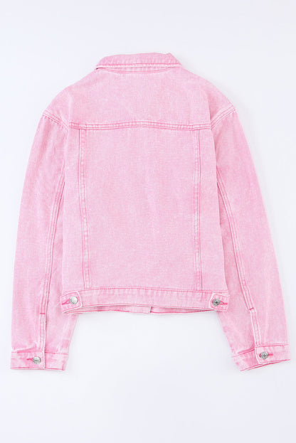 Pink Acid Wash Button Flap Pocket Denim Jacket