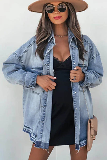 Sky Blue Flap Pocket Buttoned Oversized Denim Jacket