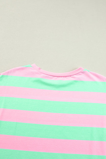 Pink Stripe Colorblock Cuffed Sleeve Loose Tee