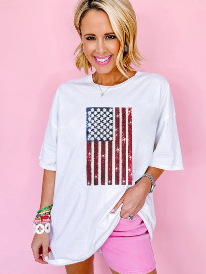 American Pride Sequined White Flag Oversized Crewneck Tee