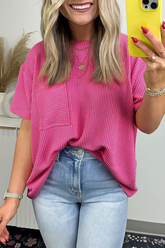 Pink Corded Knit Pocketed Loose Fit T Shirt