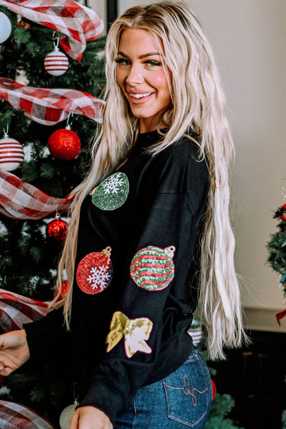 Black Sequined Christmas Graphic Pullover Sweatshirt