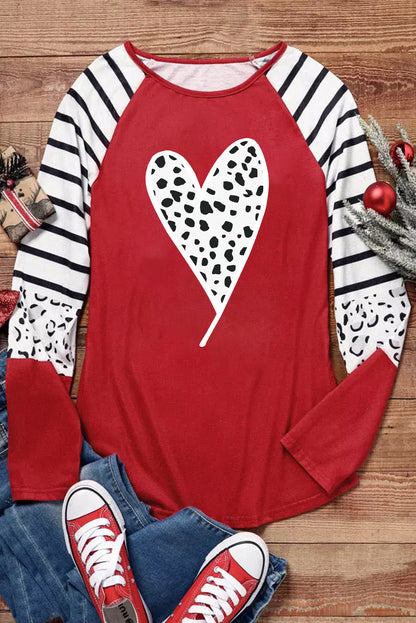 Fiery Red Valentines Leopard Heart Print Color Block Long Sleeve Top