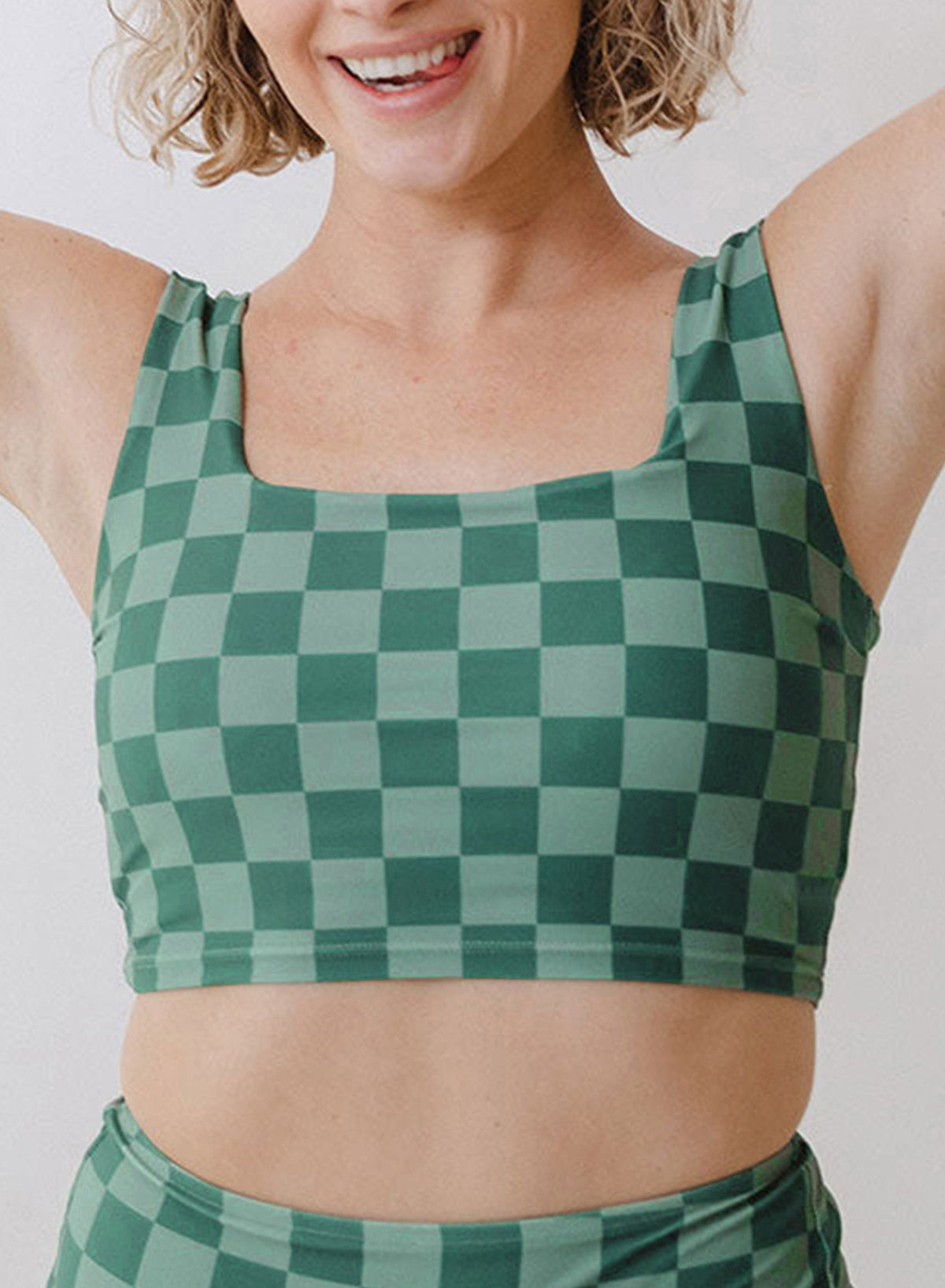 Green Checkered Print Square Neck Cropped Swim Top