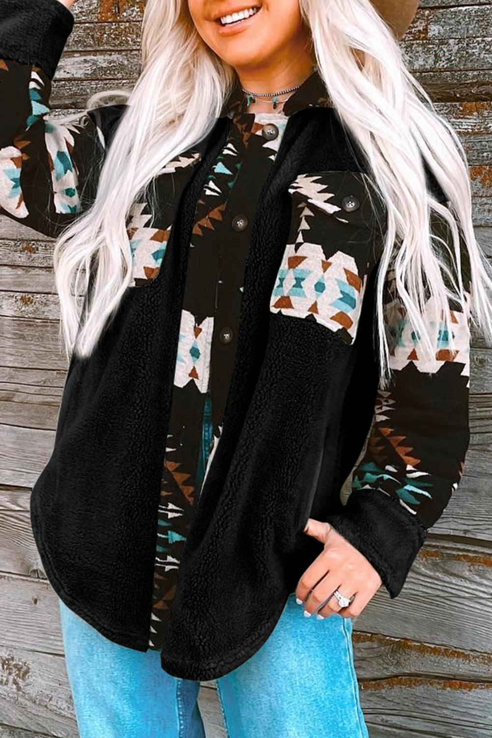 Black Western Aztec Print Accent Fleece Shacket