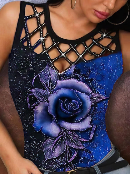 3D Rose Hollow Crew Neck Tank Top