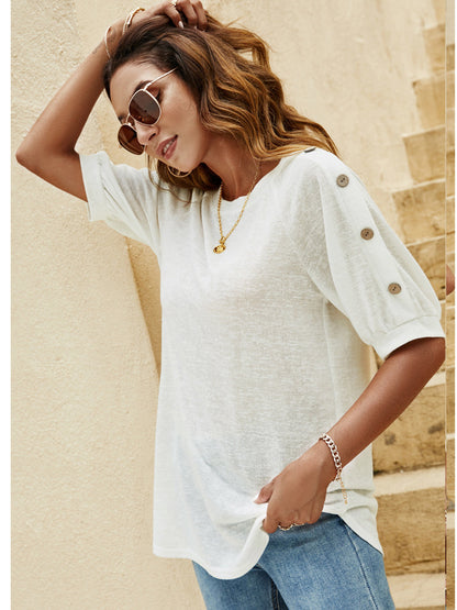 Blouses - Loose Round Neck Button Casual Half-Sleeve T-Shirt - MsDressly