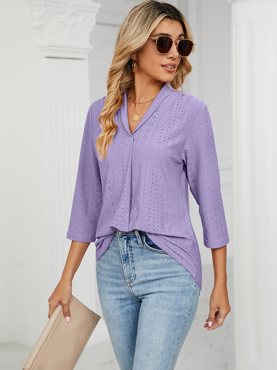 T-Shirts - V-Neck Pleated Casual Loose Medium Sleeve T-Shirt - MsDressly