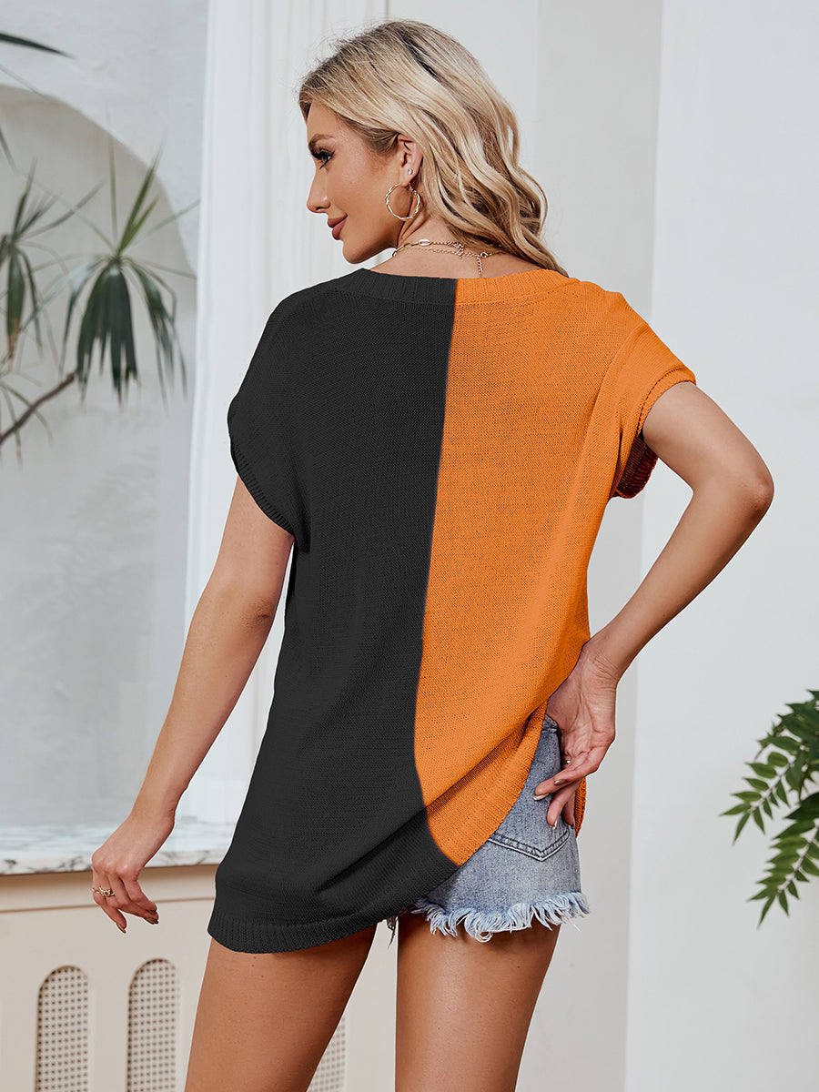 T-Shirts - V-Neck Color Contrast Loose Casual T-Shirt - MsDressly