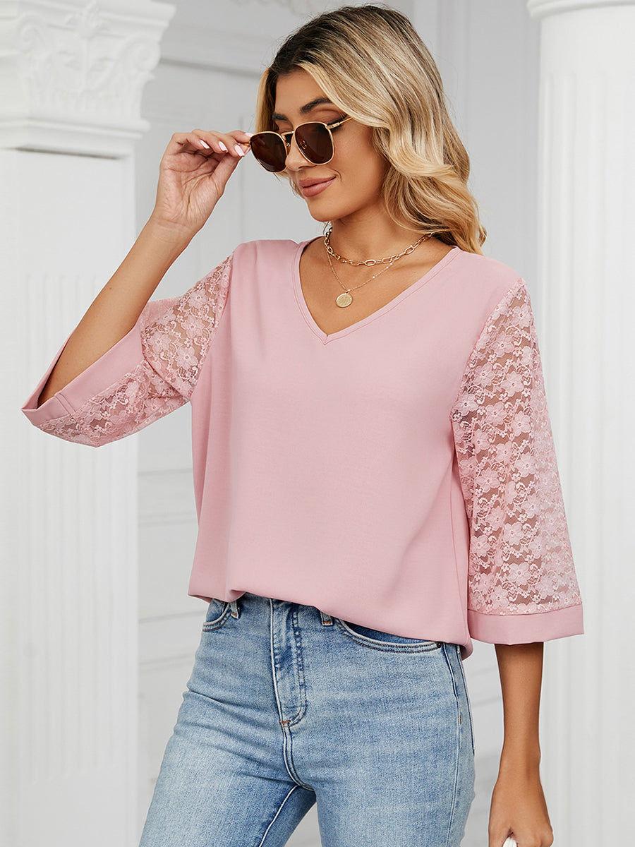 T-Shirts - Loose V-Neck Lace Patchwork T-Shirt - MsDressly