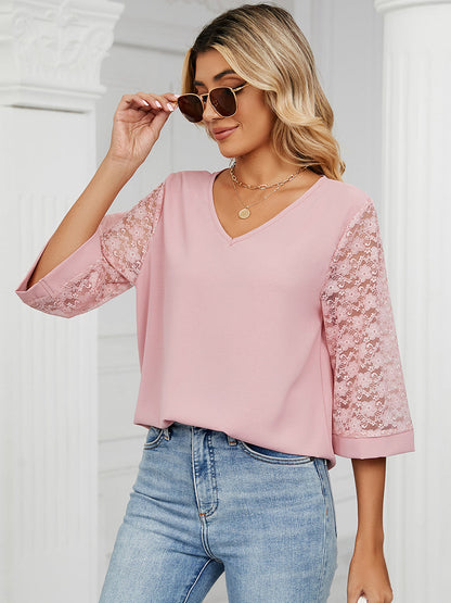 T-Shirts - Loose V-Neck Lace Patchwork T-Shirt - MsDressly