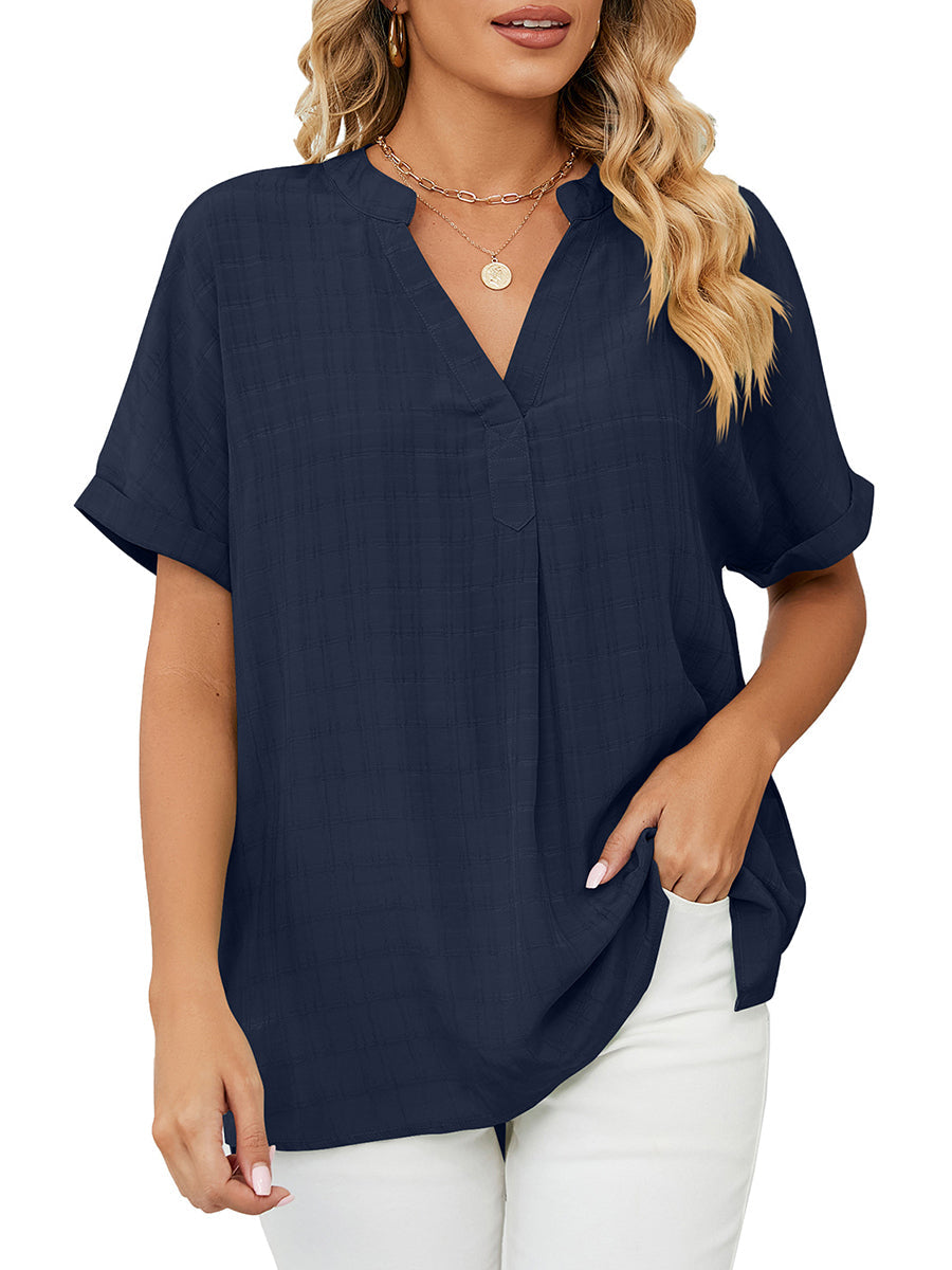 T-Shirts - Solid V-Neck Loose Short Sleeve T-Shirt - MsDressly