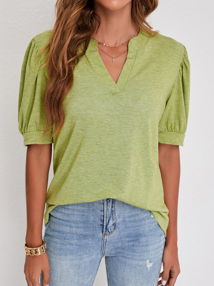 T-Shirts - V-Neck Solid Color Puff Sleeve Loose T-Shirt - MsDressly