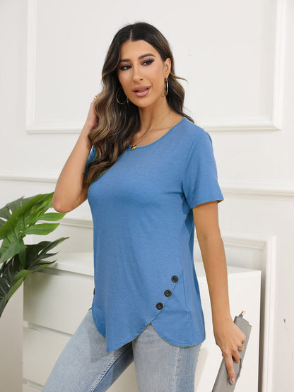 T-Shirts - Irregular Button Short Sleeve Round Neck T-Shirt - MsDressly