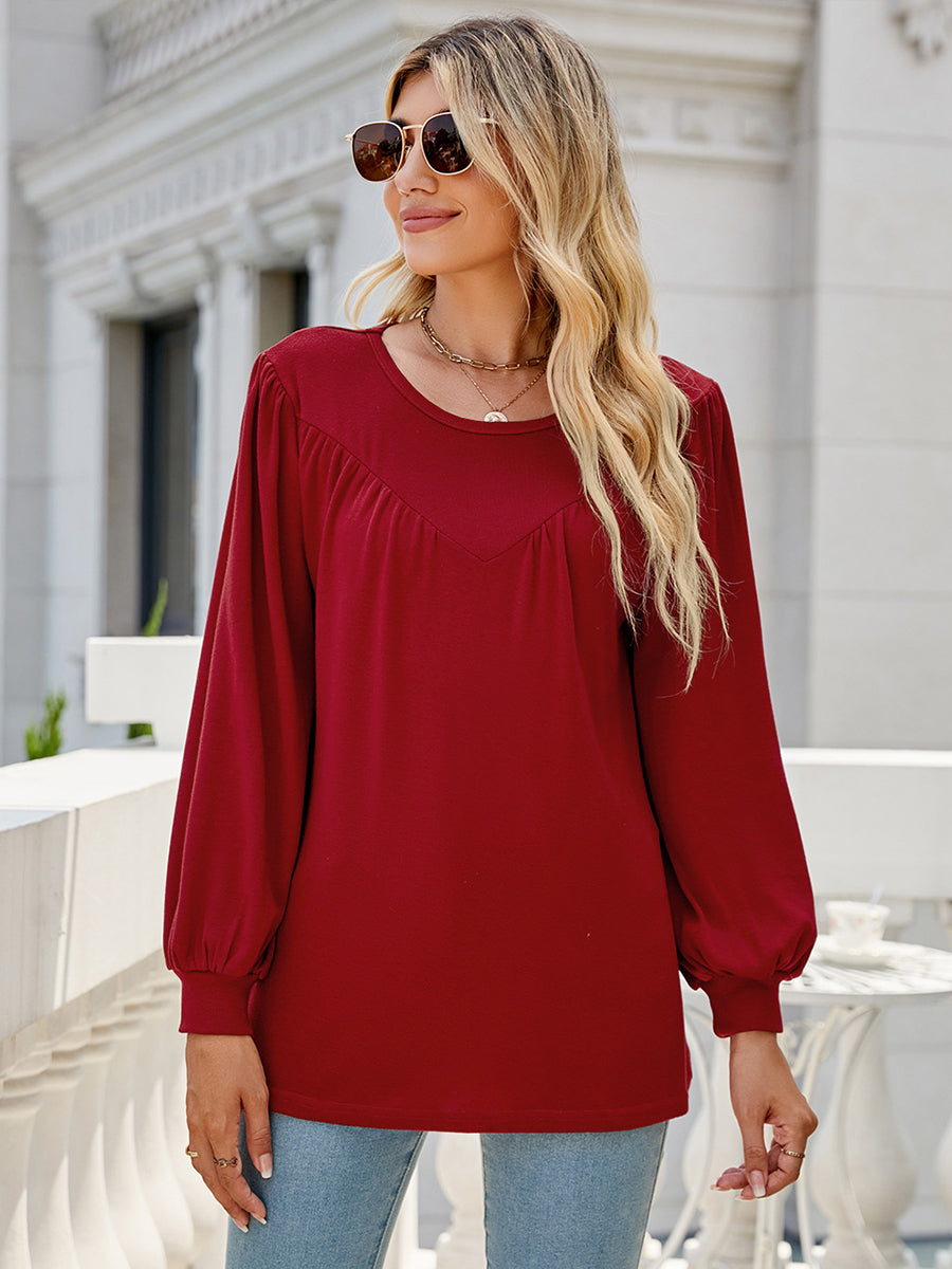 T-Shirts - Lantern Sleeve Round Neck Long Sleeve Casual T-Shirt - MsDressly