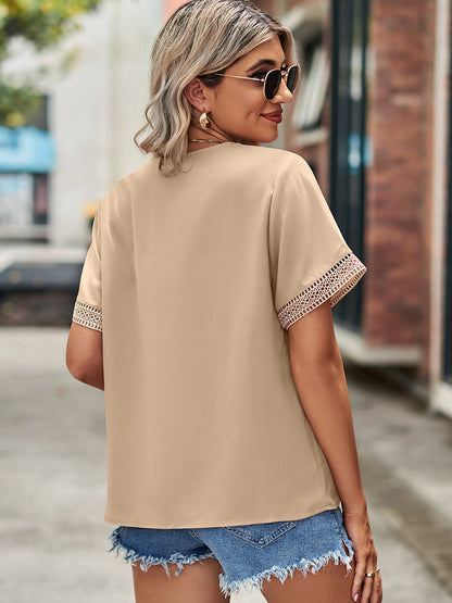 T-Shirts - Lace Paneling V-Neck Solid Color T-Shirt - MsDressly