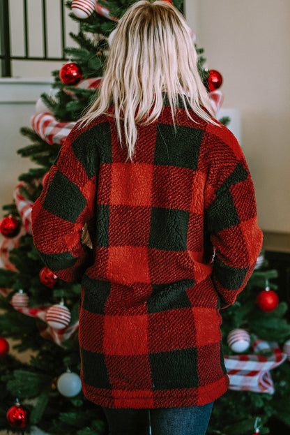 Brown Fuzzy Plaid Flap Button Up Midi Coat